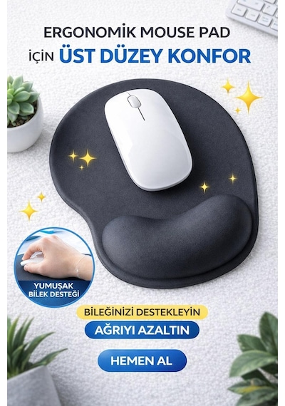 Tiger Track Siyah Bilek Destekli Ergonomik - Kaymaz Taban Mouse Pad 21 Cm 26 Cm