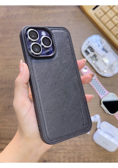 Apple iPhone 14 Pro Max Uyumlu Premium Deri Dokulu Darbelere Karşı Dayanıklı Nazal Silikon Kılıf Siyah
