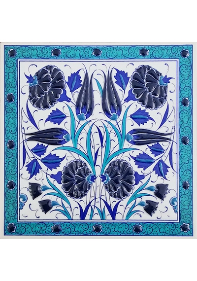 Armada Çini 20x20 Cm Ed 370 Lale Karanfil Turkuaz Kobalt Desenli Eldekoru Çini Karo