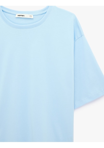 Koton Pamuklu Kısa Kollu Bisiklet Yaka Oversize Basic Tişört Mavi 6sak50364ek