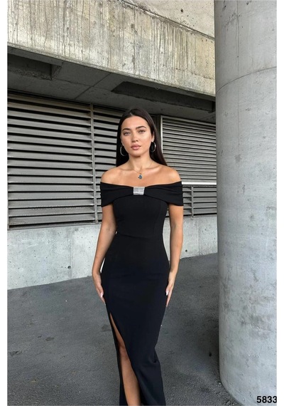 Halter Taş Abiye Yaka Detaylı Elbise Siyah