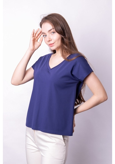 Likralı Şık Span Kumaş Ön Arka V Yaka Düşük Omuzlu Bluz-indigo İndigo