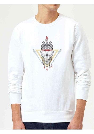 Dreamcatcher Wolf Baskılı Beyaz Erkek Örme Sweatshirt