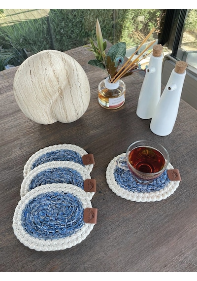 4 Adet Oval Kılfılı Bardak Altlığı- Leke Tutmaz- Beyaz-mavi 13x17 Cm Beyaz - Mavi