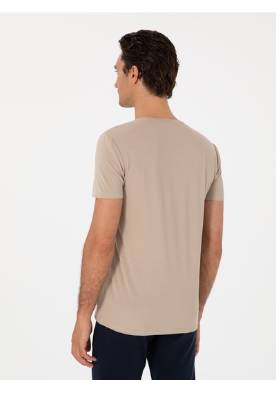 Bej Slim Fit Bisiklet Yaka Pamuklu T-shirt