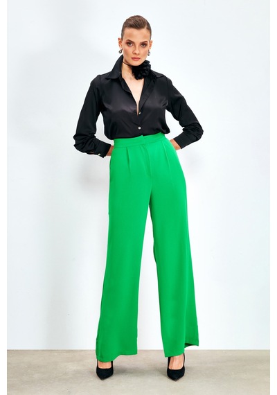 Sateen Pileli Krep Pantolon - Yeşil