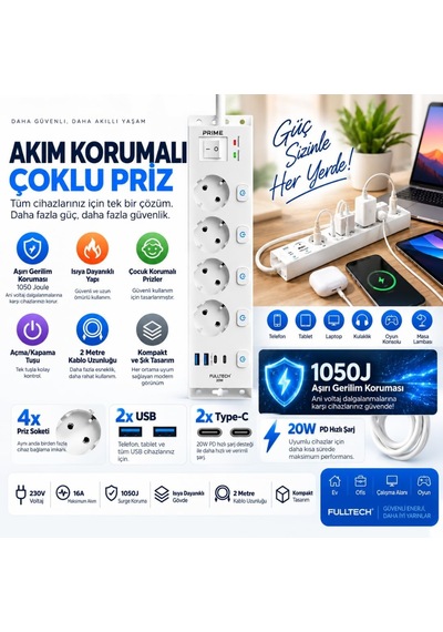 Akım Korumalı Priz, 4x Fiş Soketi, 2x Usb Girişi, 2x Type-c Girişi, 20w Pd Hızlı Şarj, Isıya Dayanıklı Yapı, 2 Metre Kablo Uzunluğu, Aşırı Gerilim Koruyucu, Açma/kapama Tuşu 230v/16a/1050j Kablosuz Kulaklık Akım Korumalı Priz, 4x Fiş Soketi, 2x Usb Girişi, 2x Type-c Girişi, 20w Pd Hızlı Şarj, Isıya Dayanıklı Yapı, 2 Metre Kablo Uzunluğu, Aşırı Gerilim Koruyucu, Açma/kapama Tuşu 230v/16a/1050j Kablosuz Kulaklık