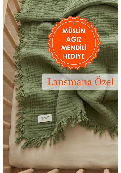 Bebek 4 Katlı Müslin Pike Örtü %100 Pamuk 2'li Ağız Bezi Hediyeli Yenidoğan 85x100 Battaniye Yeşil