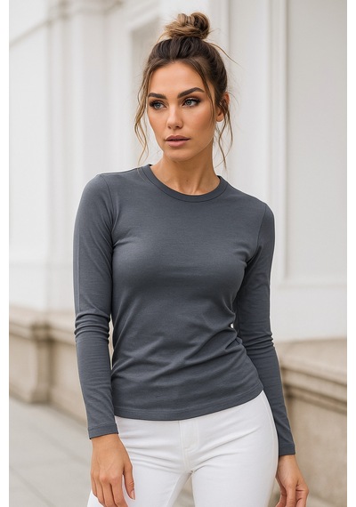 Kadın Füme Bisiklet Yaka Uzun Kollu Body Füme