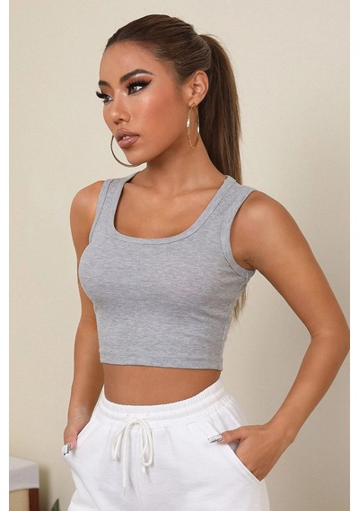 Angbutik Kadın Gri Kare Yaka Crop Top Bluz