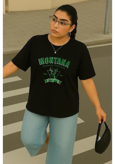 Büyük Beden Montana Baskılı Unisex Tişört SIYAH