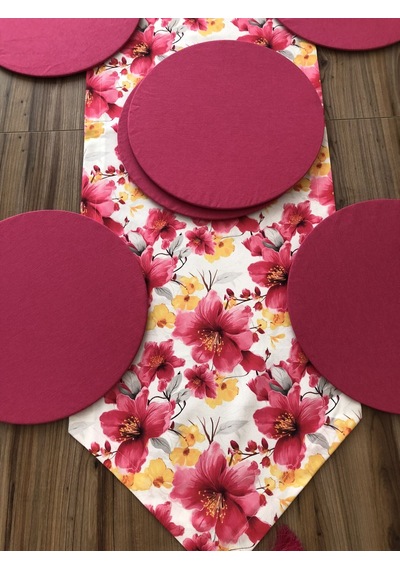 Fuşya Sarı Büyük Çiçekler Desenli Runner & Supla Çok Renkli