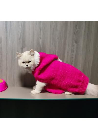 Kedi Ve Köpek İçin Kürklü Kapüşonlu Pembe Simli Kazak