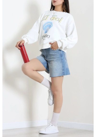 Modi Quzu İki İplik Baskılı Sweatshirt Beyaz - 75369.2002. 2beyaz