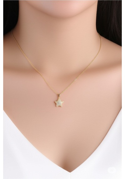Çelik Zirkon Taşlı Yıldız Model Gold Renk Kadın Kolye 10351 Çok Renkli