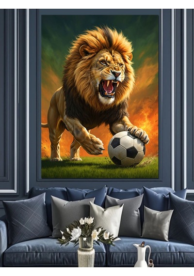 Ahşap Tablo Futbol Oynayan Aslan Resmi