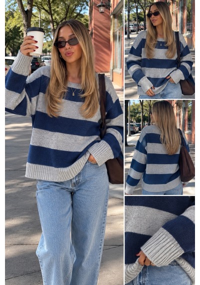 Nilza Barcelona Kadın Oversize Bisiklet Yaka Çizgili Kazak Lacivert