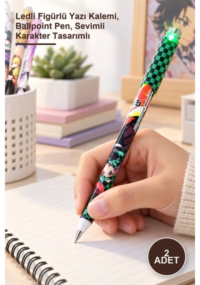 2 Adet Anime Figür Tükenmez Kalem Ledli Figürlü Yazı Kalemi, Ballpoint Pen, Sevimli Karakter Tasarımlı