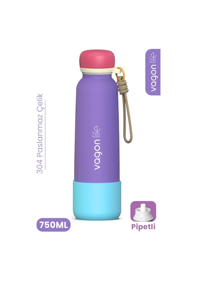750 Ml Pipetli Sızdırmaz Paslanmaz Çelik Termos Matara El Askılı Bpa İçermez 750ml 1106ff Mor