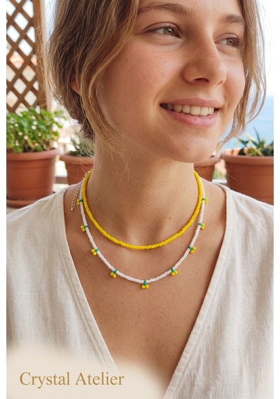 Crystal Atelier 2'li Sarı Kiraz Boncuk Kolye Seti El Yapımı Kum Boncuk Beyaz Sarı İkili Choker Kombini Sarı - Beyaz