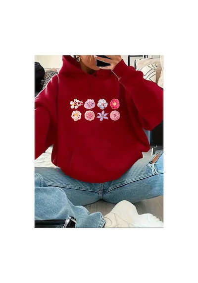 Herkesemoda Çiçekler Baskılı İçi Polarlı Kapüşonlu Sweatshirt Kırmızı