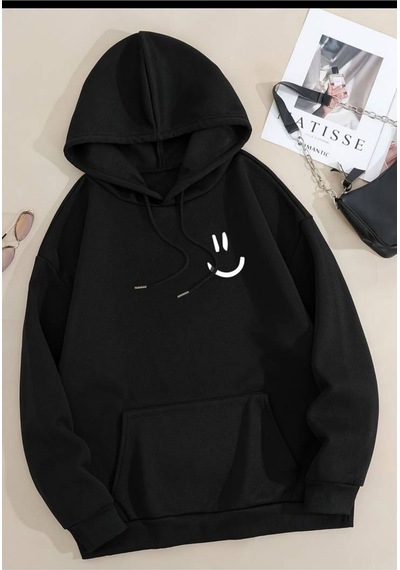 Caddekombin Gülen Yüz Baskılı Yumuşacık Sweatshirt Siyah