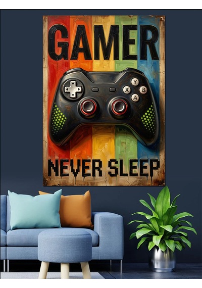Gökkuşağı Gamer Asla Uyumaz Poster Dekoratif Kanvas - Mdf Ahşap Tablo Çok Renkli