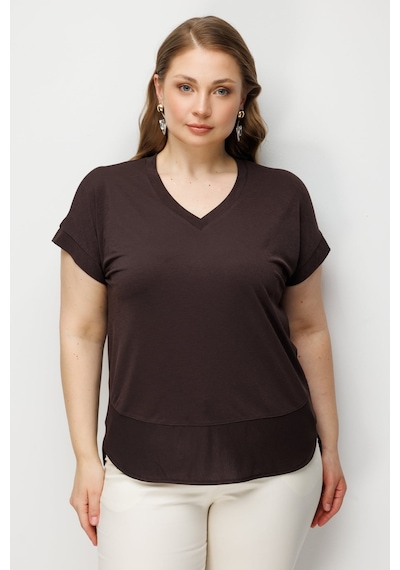 On Kadın Büyük Beden V Yaka Parçalı T-shirt 71476 Kahverengi