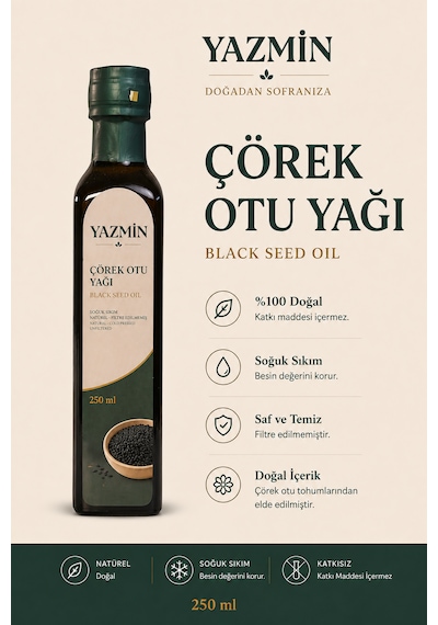 Yazmin Çörek Otu Yağı 250 Ml Cam Şişe Soğuk Sıkım %100 Saf Doğal Çörek Otu Yağı