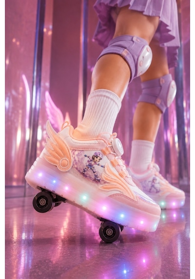 Muggo Wıngs Çocuk Kanat Detaylı Işıklı Patenli Tekerlekli Sneaker Spor Ayakkabı Pudra