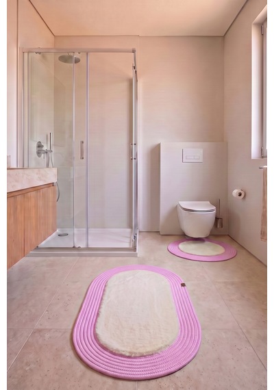 Banyo Paspası Takımı 60x100+60x60 Cm Düz Bej & Pembe