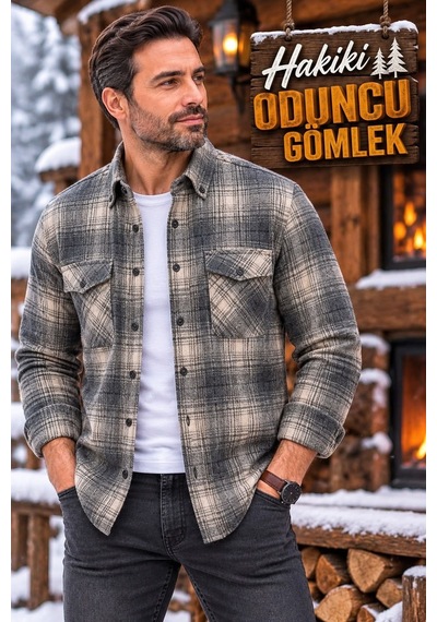 Eren Style Kışlık Pamuklu Kapaklı Cepli Düğmeli Yaka Hakiki Oduncu Gömlek Regular Kalıp Krem
