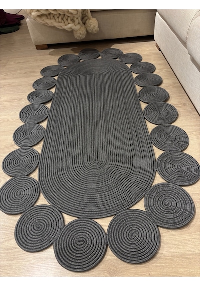 Mavaux Oval Papatya Hasır Jüt Çiçek Desenli Kilim Halı Antrasit