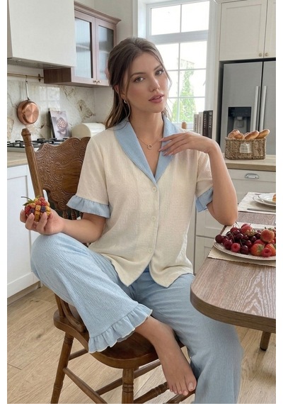 Bella Notte Mavi Fırfır Detaylı Düğmeli V Yaka Yazlık Pijama Takımı