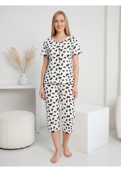 Kadın Kısa Kollu Yumuşak Tuşe Yazlık Likralı Kumaş Kapri Pijama Takım Siyah Beyaz