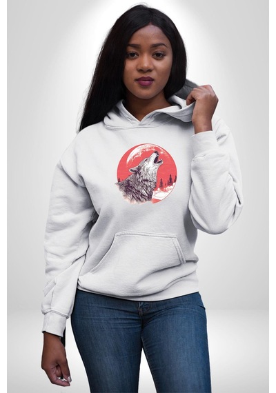 Uluyan Beyaz Kurt Kadın Erkek Beyaz Kapüşonlu Sweatshirt Hoodie Beyaz