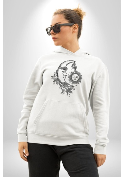 Ay Güneş Astroloji Aşk Estetik Kadın Erkek Beyaz Kapüşonlu Sweatshirt Hoodie Beyaz