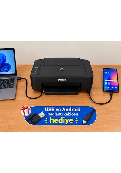 Canon E414 Çok Fonksiyonlu Renkli Yazıcı Tarayıcı Fotokopi USB ve Android Bağlantı Kablosu
