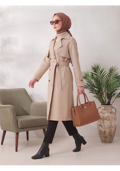 B.he.z Kruvaze Yaka Bondik Su İtici Kumaş Astarlı Trend Model Diz Altı Trençkot Taş