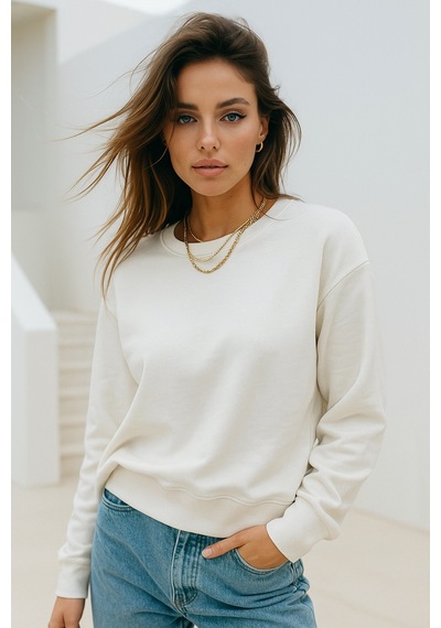 Kadın Ekru Pamuklu İnterlock Oversize Sweatshirt Ekru