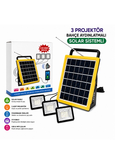 Bahçe - Kamp Solar Aydınlatma 3'lü Projektör, Radyo, Powerbank Açık Bej
