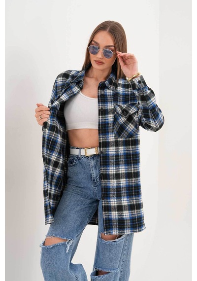 Polologin Butik Kadın Oduncu Mavi Siyah Çizgili Cepli Araboy Spor Gömlek Lacivert