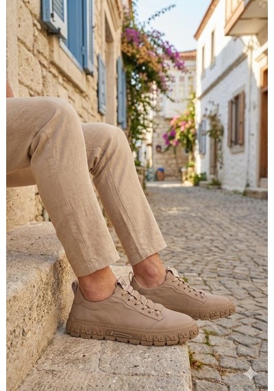 Guja 26y518 Rahat Desenli Kauçuk Taban Tekstil Lastik Bağcıklı Sneaker Erkek Ayakkabı Bej