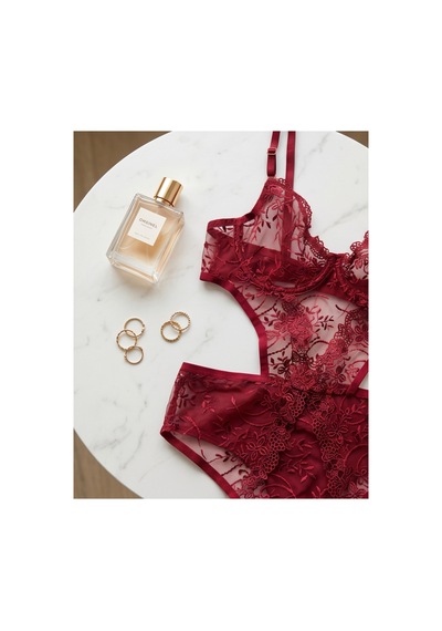 Arona Çiçek Desenli Dantelli Bordo Transparan Bodysuit Bordo - 889407047 Bordo