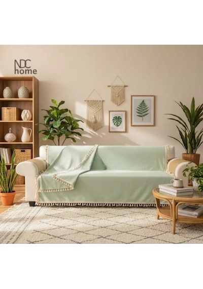 Premium Keten Adaçayı Ponponlu Koltuk Örtüsü 170 X 220