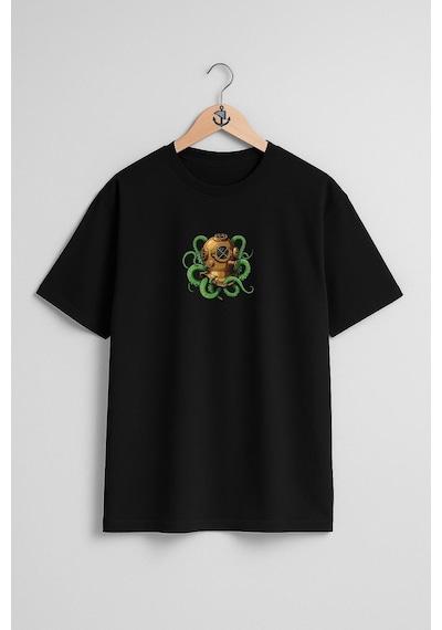 Bahriyeli Collection Oversize Octopus Dalgıç Diver Helmet Göğüs Tasarımlı Unisex T-shirt SIYAH