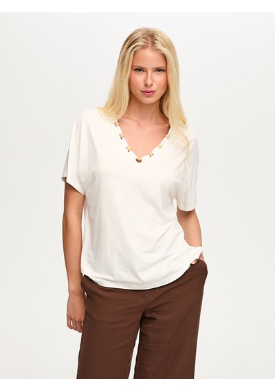 Faik Sönmez Resort Yakası Boncuk Detaylı V Yaka Tshirt S26tsh116 Us26tsh11673 Ekru