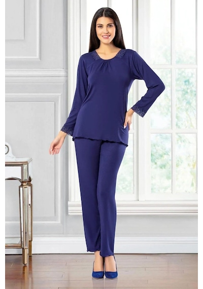 Faal 8606 Kadın Uzun Kollu Dantel Detaylı Pijama Takımı-lacivert Lacivert
