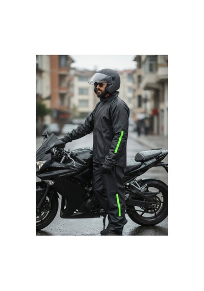 Thfabric %100 Su Geçirmez Garantili Motorcu Yağmurluk - Mont Pantolon Takım - Ayarlanabilir Lastikli Paça Siyah