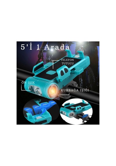 5in1 Bisiklet Feneri Şarjlı Telefon Tutucu+korna +sis Farı 3500 Mah Powerbank Scooter Lambası Yeşil Çok Renkli